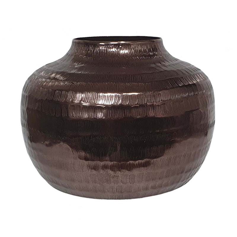 Round Aluminum Vase With Textured Bronze Finish, 7.5" H x 10" W x 10" D