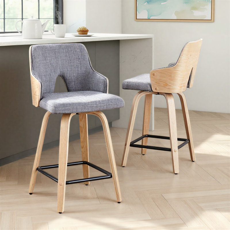 Saltram Upholstered Bar & Counter Stool with Square Footrest (Set of 2), Natural, Light Gray, Counter Stool (24” Seat Height)