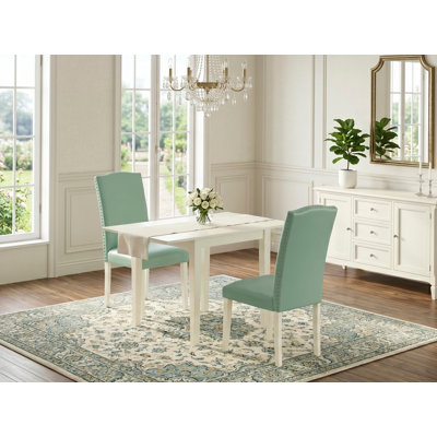 3 Piece Dining Room Furniture Set Contains a Rectangle Dining Table with Dropleaf and 2 Pond Faux Leather Parsons Chairs, 30x48 Inch, Linen White
