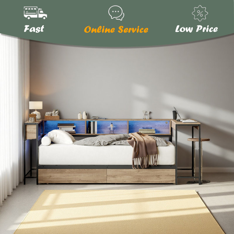 Corner Bed Frame Twin Size With Bookcase And 2 Underbed Storage Drawers, Modern Twin Bed With LED Light And Charging Station, Modern Daybed Reversible Left Or Right