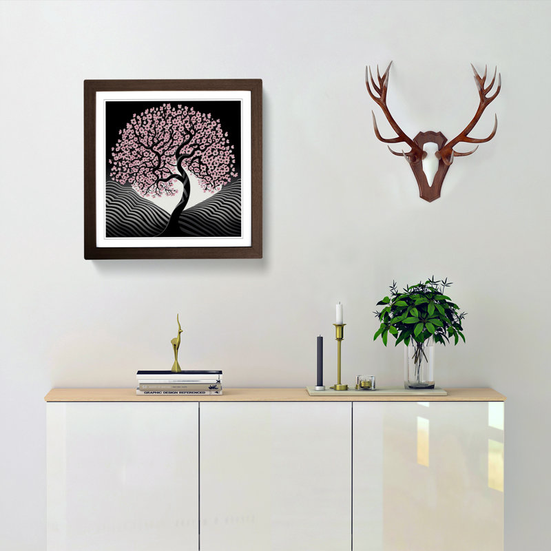 Cherry Blossom Tree Op Art No.1 - Single Picture Frame Print on Wood, Walnut