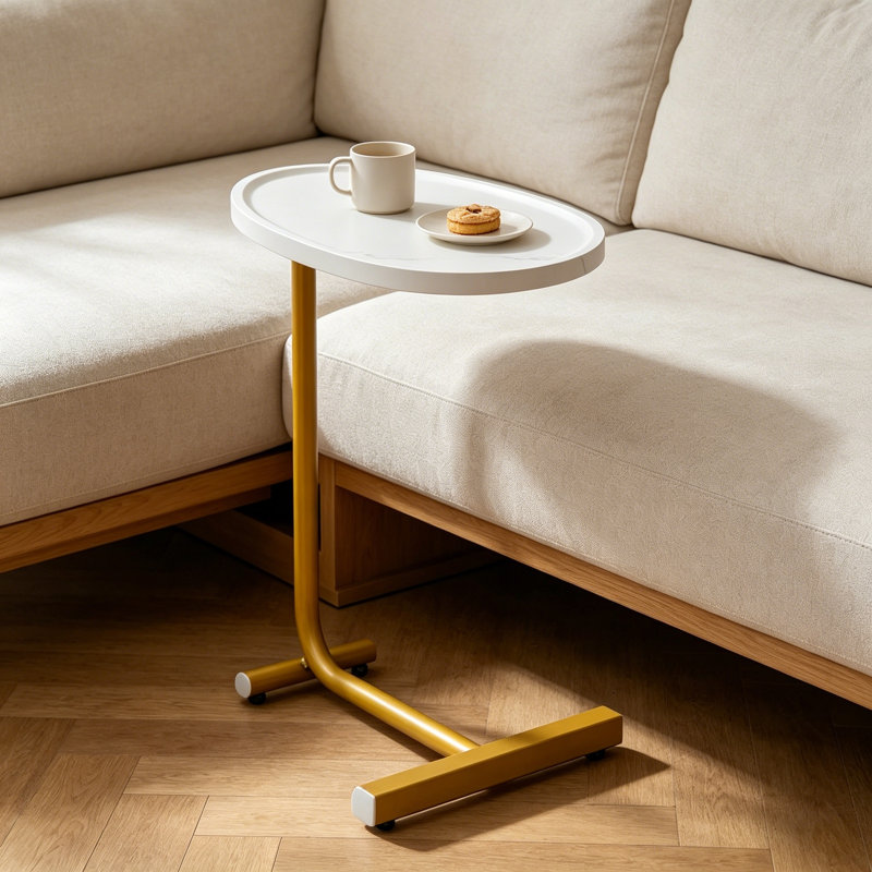 Table de bout moderne en forme de C avec plateau ovale et base en métal, Blanc