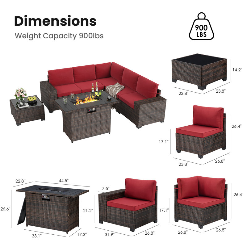 Outdoor Wicker Sectional Conversation Set With Wide Armrest, Red