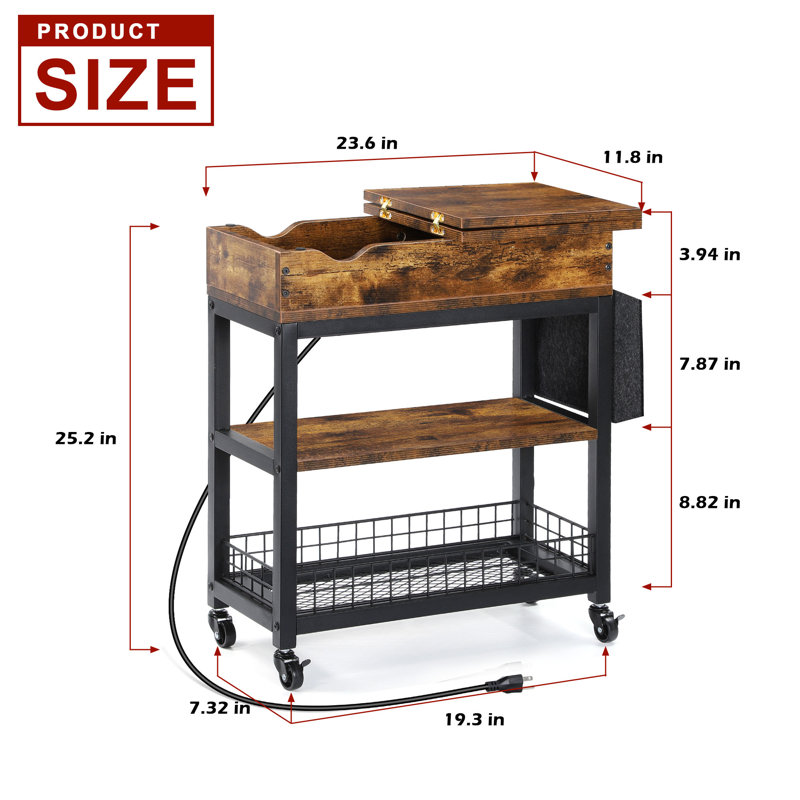 Petite table d'appoint à roulettes avec station de charge et rangement, brun rustique