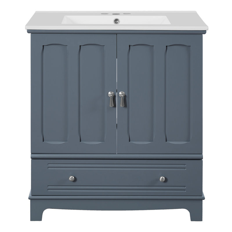 Meuble-lavabo de 30 po avec lavabo en céramique, meuble-lavabo à cadre en bois massif avec tablette réglable, tiroir avec cloison, pieds en bois massif