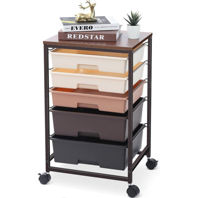 Utility Cart with 5 Drawers,Storage Drawer Cart with Wooden Tabletop and Lockable Wheels,5-Tier Rolling Utility Cart on Wheels