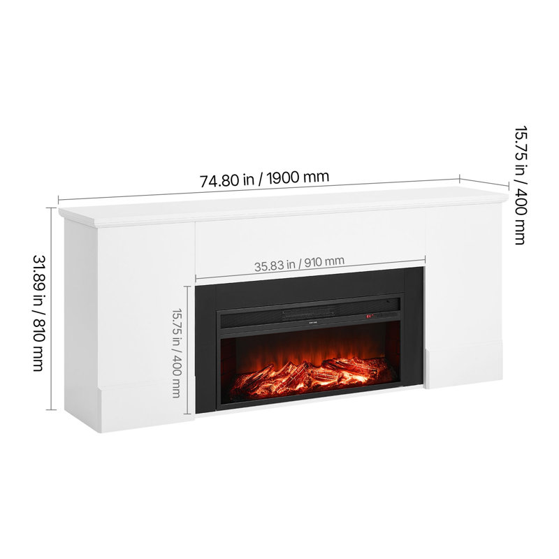 Foyer électrique blanc 75 po avec manteau de cheminée - Effet de flamme 3D réaliste, télécommande, chauffage et minuterie réglables