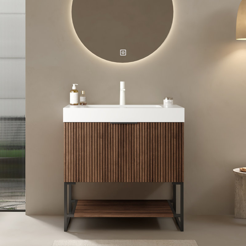 Meuble-lavabo à rayures 30 po avec lavabo encastré Yolan, armoire de rangement autoportante en contreplaqué à rayures avec tiroir et tablette ouverte, lavabo intégré blanc à surface solide rectangulaire sans robinet, pré-assemblé, noyer rétro