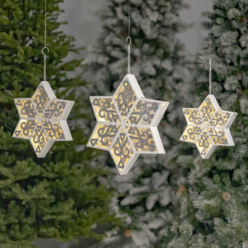 Ensemble de 3 flocons de neige en forme d'étoile à six branches lumineuses suspendues de tailles variées