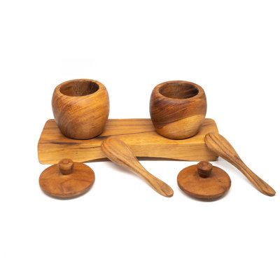 Ensemble de contenants à épices en bois de teck avec plateau et cuillères