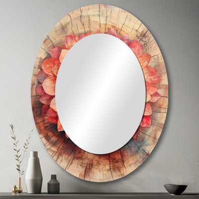 Dahlia fleur sur glissoire en bois - grand miroir mural ovale sur métal