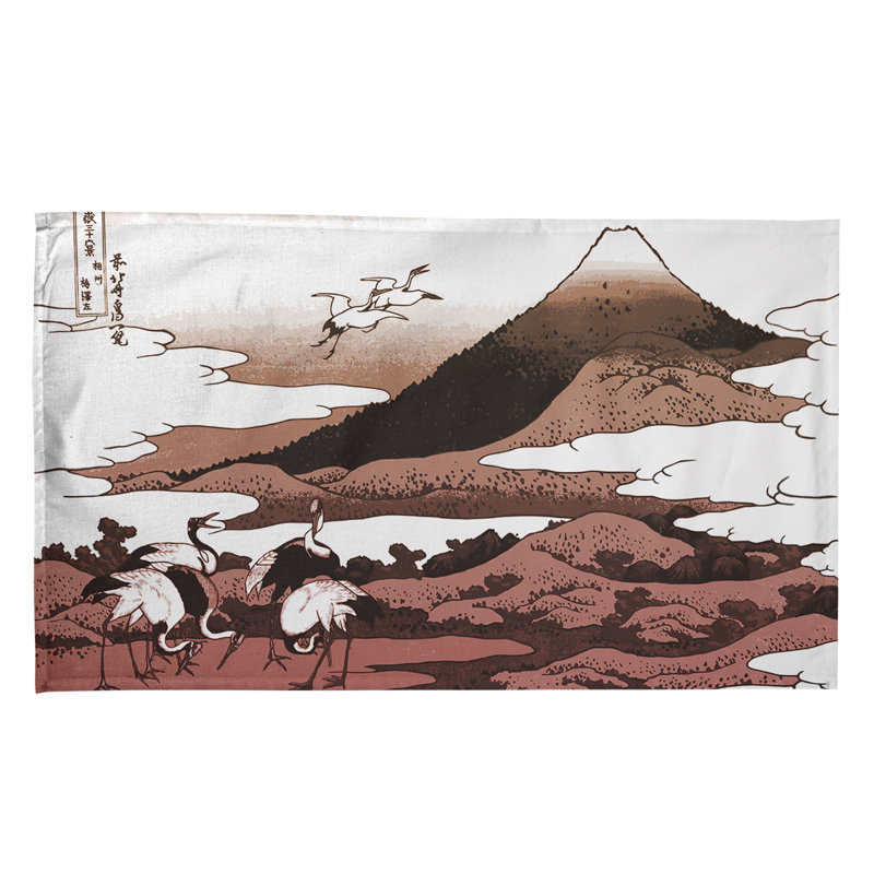 Serviette de thé japonaise grues, Polyester sergé, Marron foncé