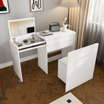 Multi-functional stretching desk, 47-inch foldable desk, makeup table with mirror, has 3 usage modes, equipped with storage function stool, suitable for bedroom, apartment