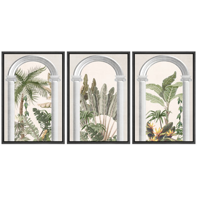 «Elegant Botanical Archway Garden with Palm Trees and Greenery», reproduction d'art sur toile encadrée 3 pièces.