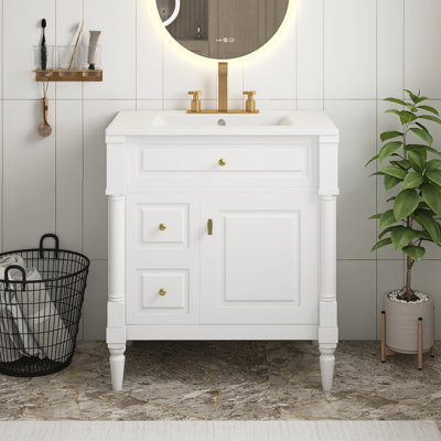 Meuble-lavabo autoportant blanc en panneau de fibres à densité moyenne de 30 po avec lavabo, armoire de salle de bain avec tiroir rabattable et tablette réglable, structure en bois d'hévéa massif et poignées en métal
