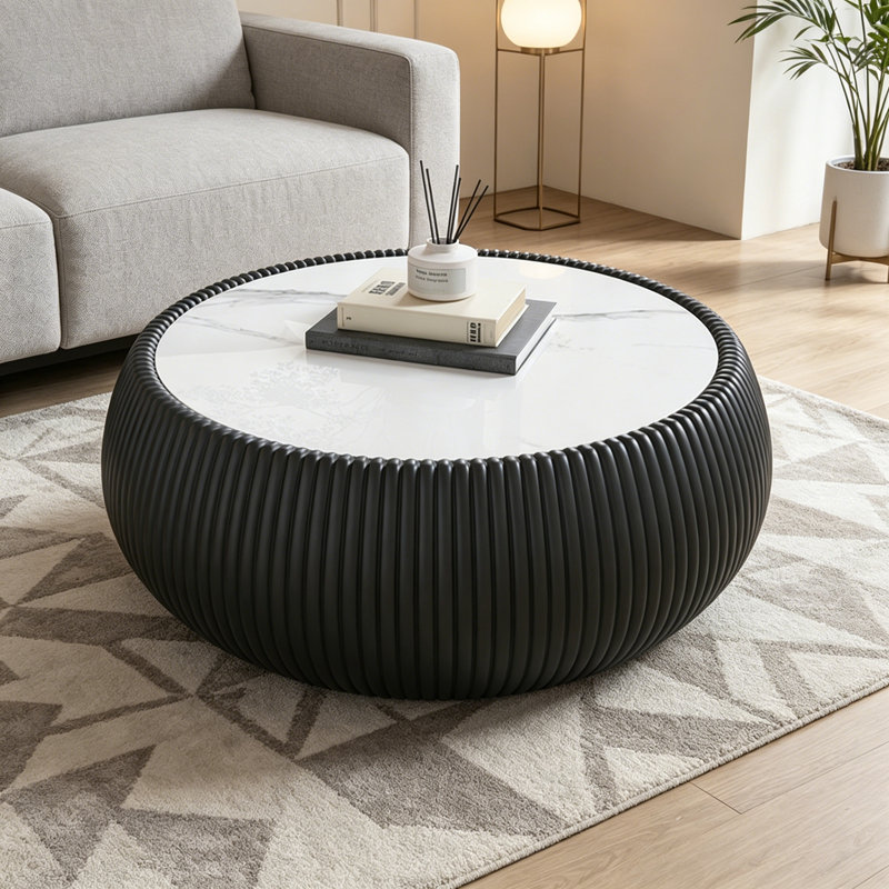 Table basse cylindrique avec base robuste, Black PU,Gold+White,Grey