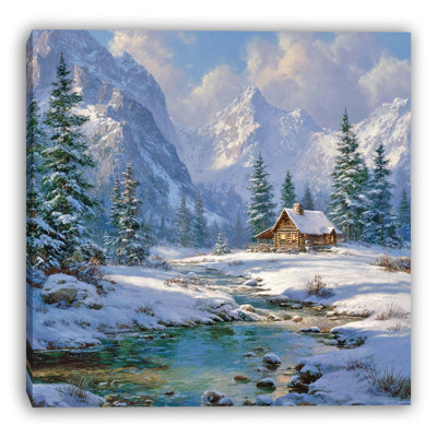 Art mural sur toile Mountain Stream to Cozy Cabin