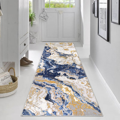 Washable marble-effect rug – modern, flat-woven and non-slip rug – easy to care for, stain-resistant & soft – ideal for living room, bedroom, kitchen, dining room or office – Boho style in blue