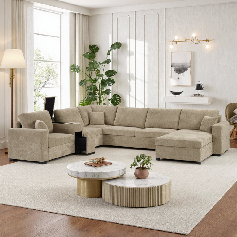 Canapé modulaire en U modulaire à 5 places avec porte-gobelets et rangement Nordic, Brown