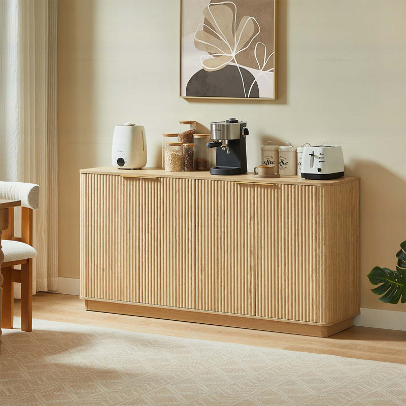 Vertical Stripe Buffet Cabinet with Storage,Curved Wave Design, Natural