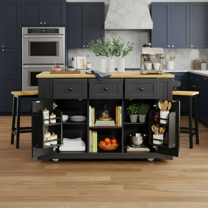 Black 5-Wheel Portable Kitchen Island 3-Piece Set, Including 2 Bar Stools, Power Outlet, Folding Tabletop, Multiple Storage Shelves And Drawers.