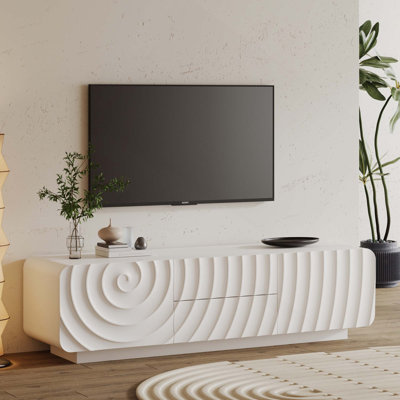 Élégante console de télévision avec un design en spirale ondulée et beaucoup de rangement pour les espaces de vie