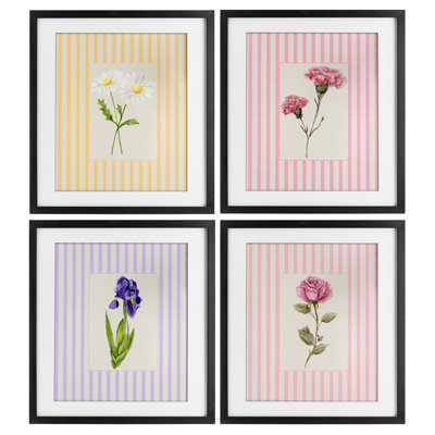 Cottage Stripe Sprigs 4pc Framed Print Under Glass Set, design by Lisa Wehmeyer