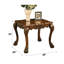 Table de bout carrée en chêne cerisier, aspect traditionnel, pieds à griffes, bordure festonnée en bois, motif floral, festonné,