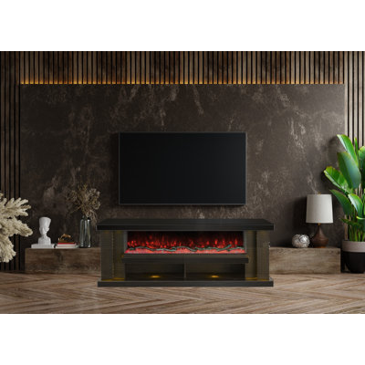 Meuble télé ultrabrillant / foyer électrique avec tablettes, lumières à DEL RVB, haut-parleur Bluetooth, télécommande - aucun assemblage requis