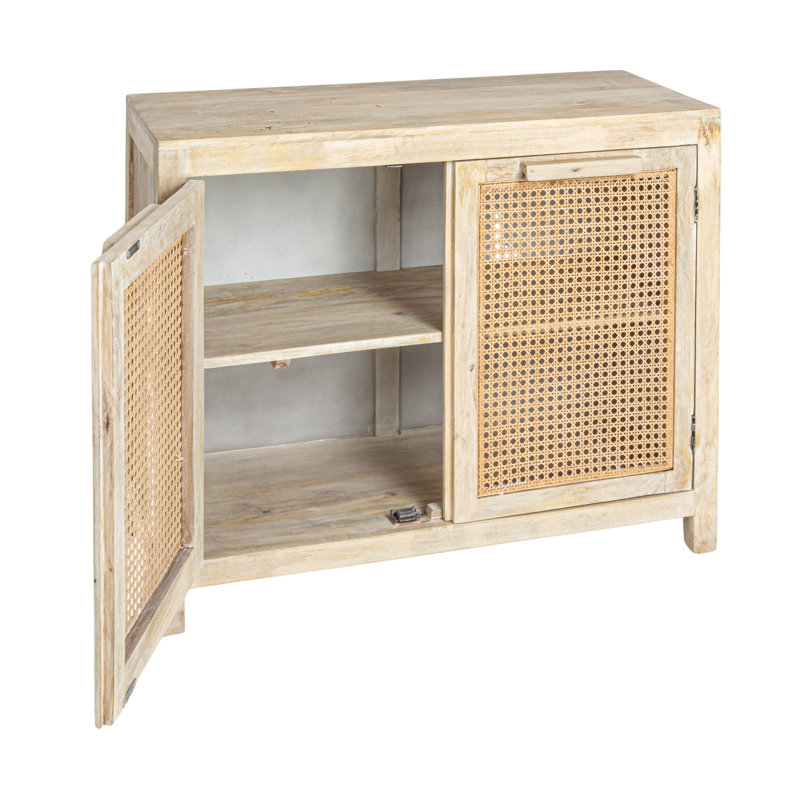 Rowan Mango Wood and Cane 2-Door Cabinet with 2 Shelves, Natural