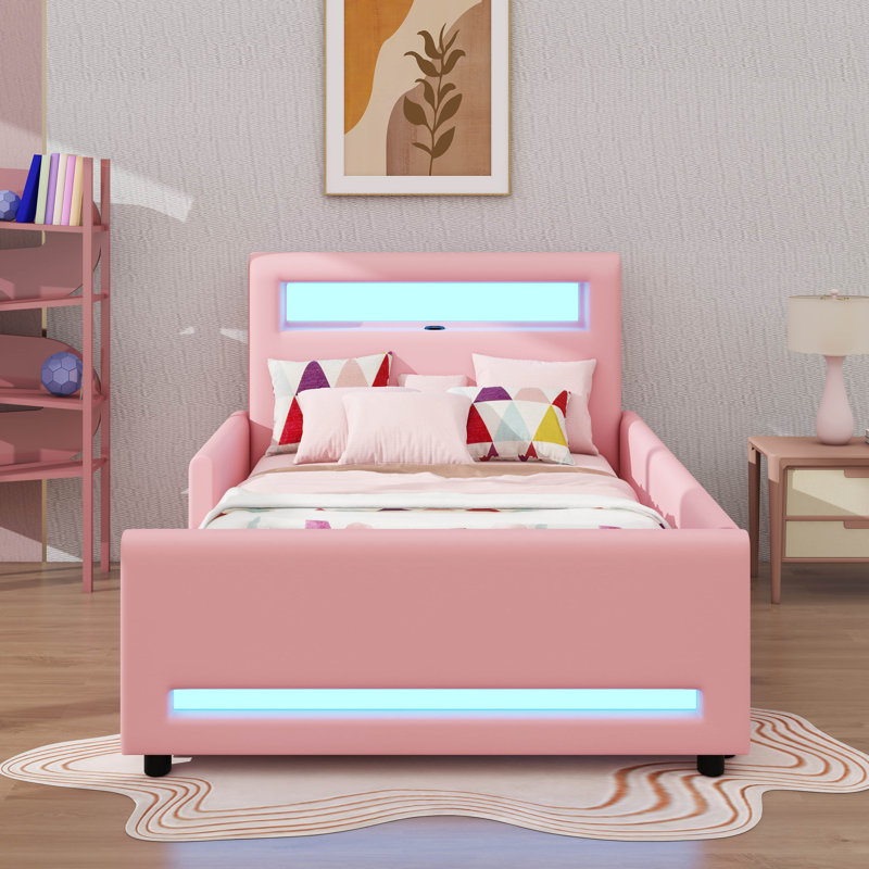 Lit plateforme tapissier avec tiroir, bande lumineuse à DEL et port USB, lit de rangement en tissu PU, Lit simple, Rose