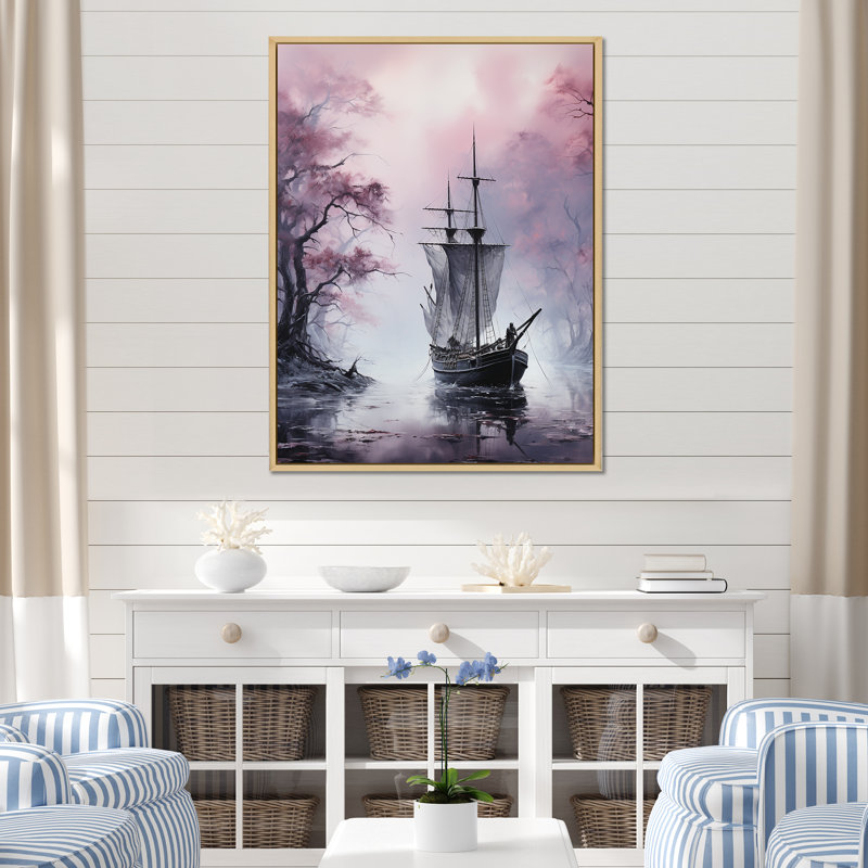 Mystic Pirate Boat Voyage I - Bateau côtier, art mural, Cadre flottant brun, H 20 po x l 12 po x P 1 po