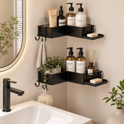 Étagère de coin de douche en forme de L Lunavo Series en acier inoxydable avec crochets et porte-savon (paquet de 2)