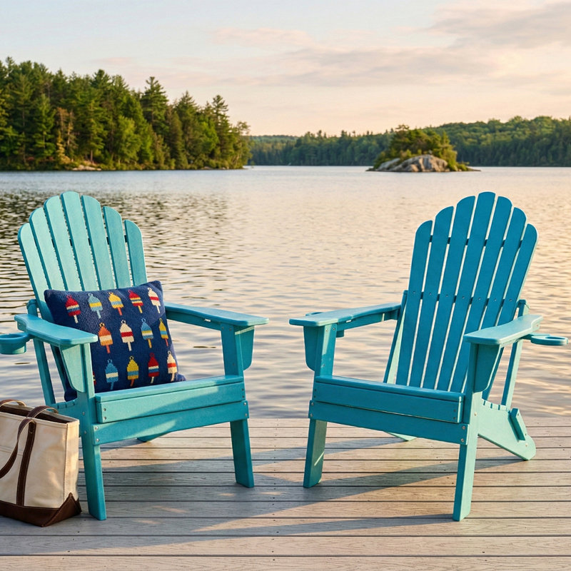 Upgraded Folding All-Weather Hdpe Adirondack Chair With Dual Cup Holders And Phone Slot, 37.8 In. Extra High Back & Reinforced Seat 1Pcs