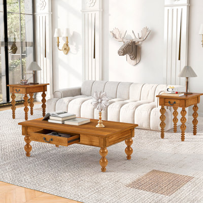 Solid Wood Coffee Table Set of 3 with Drawer, Vintage Coffee Table and 2 End Side Table for Living Room, Office, Apartment (Natural)