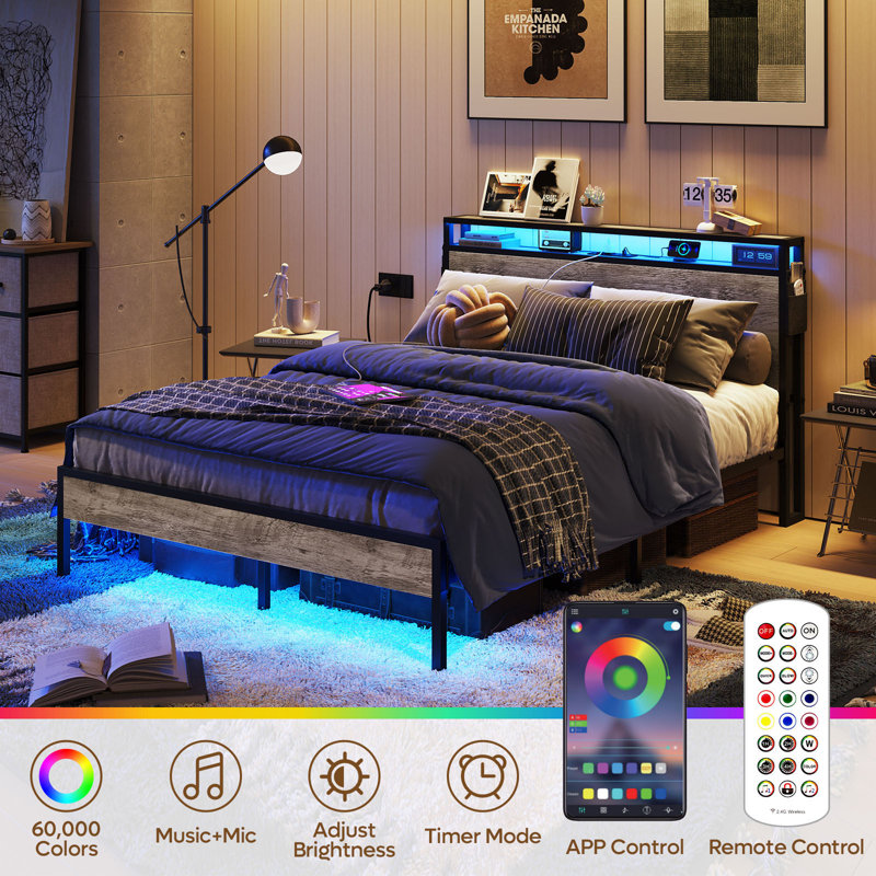 Annice Bed Frame with LED Light and Charging Station,Metal Platform with Power Outlets,Noiseless,No Spring Box Needed, Gray