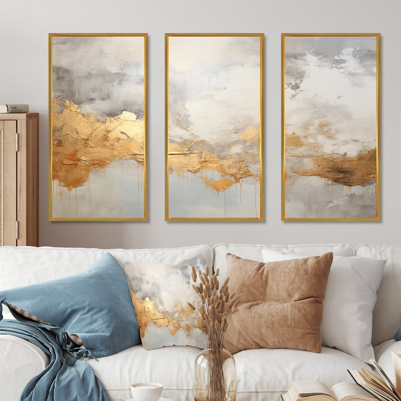 «Beige minimalisme», ensemble d'art mural sur toile, Cadre flottant doré, H 40 po x l 60 po x P 1 po