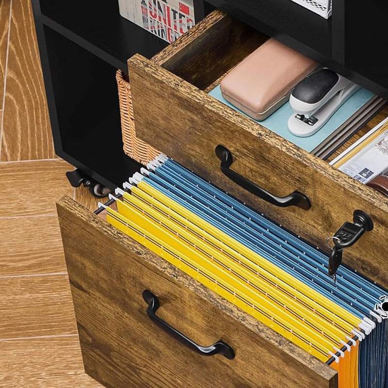File Cabinet Filing Cabinets with Socket, USB Charging Port and 2 Drawers, Lateral Printer Stand Fits for Home Office Black/Rustic Brown