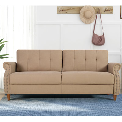 Transitional Button Tufted Loveseat Sofa, Rolled Arm with Nailhead Trim Polyester Fabric 2-Seater Couch, Solid Pine Frame Round Rubber Legs for Living Room, Multi Colors Option