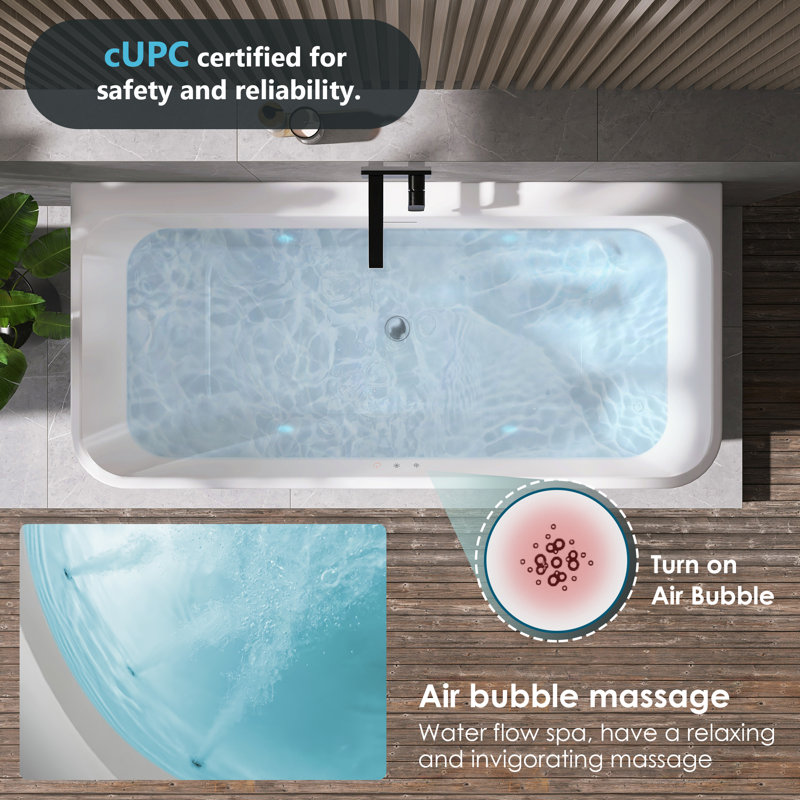 Lilac 67" x 32" Freestanding Acrylic Air Soaking Bathtub in Glossy White with Drain and Overflow