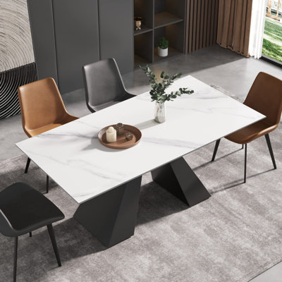  Table de salle à manger moderne extensible, 79 po maximum, plateau en pierre frittée blanc antique  