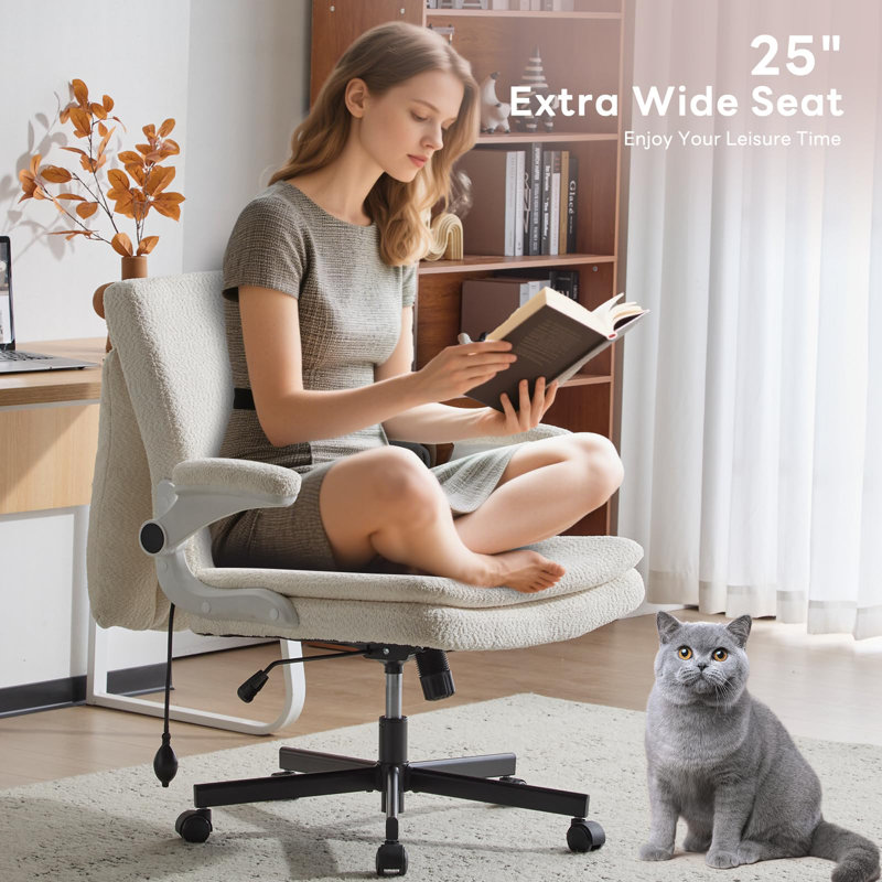 Ergonomic Cross-Legged Office Chair  With Adjustable Armrest& 360° Swivel For Home Office，350lbs Capacity, White, White