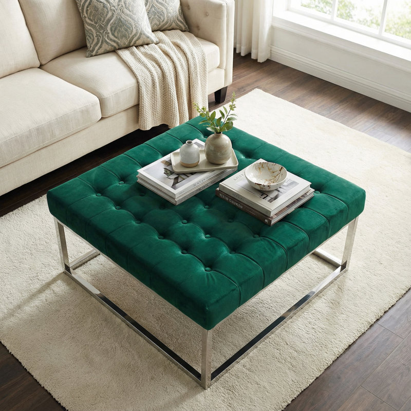 Kibwe Velvet Ottoman, Green, Polished Chrome