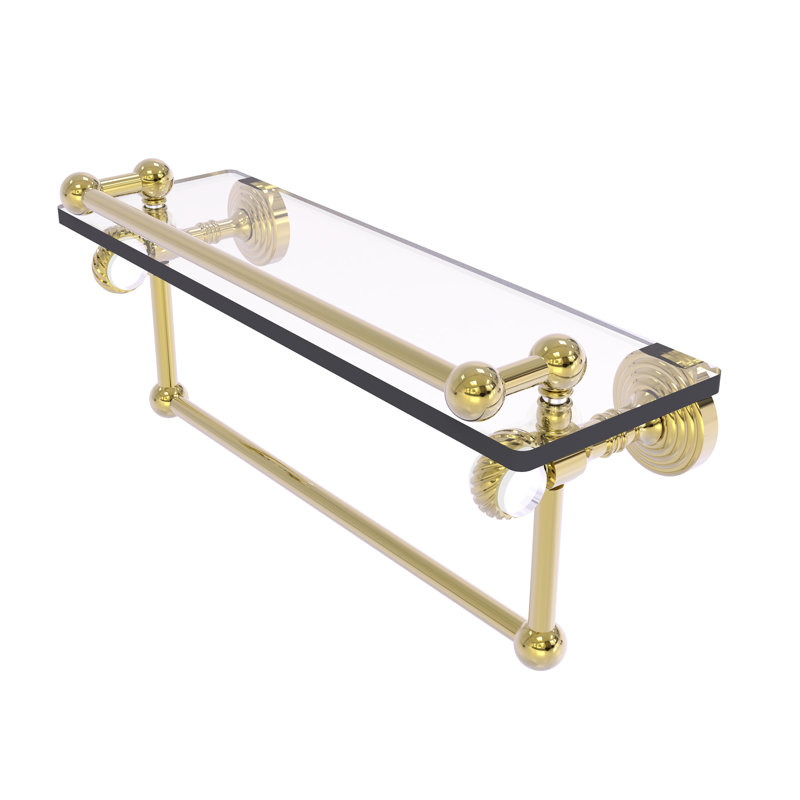 Jarrell Glass Bracket Shelf with Towel Bar, 5.5" H x 16" W x 6.8" D, Unlacquered Brass