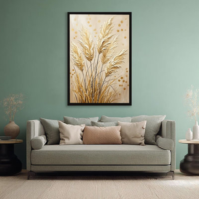 Golden Pampas Grass Black Floater Framed Canvas Wall Art Boho Textured 36" H x 24" W Neutral Floral Decor for Living Room