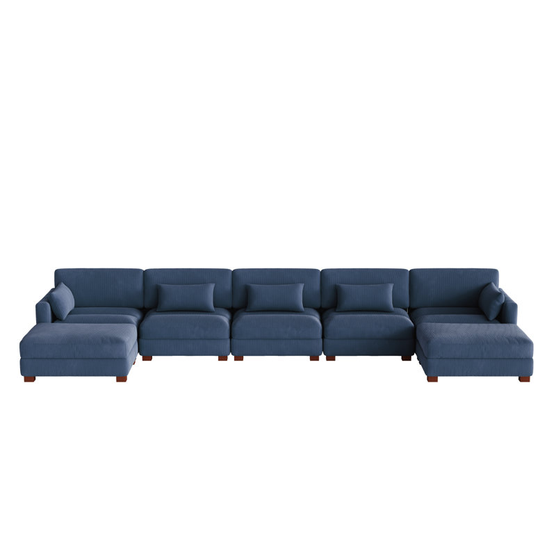 Maelina 7 - Piece Upholstered Navy Corduroy Modular Sectional Sofa with Pillow Back and Removable Ottoman, Navy Corduroy