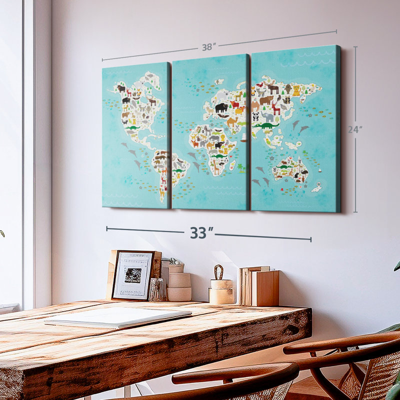 "Mignon animaux, carte du monde, art mural" sur toile, H 24 po x l 38 po x P 1,25 po
