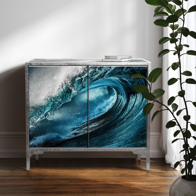 Caicos "Sapphire Sea" Reverse Printed Beveled Art Glass Console on a Silver Leafed Frame