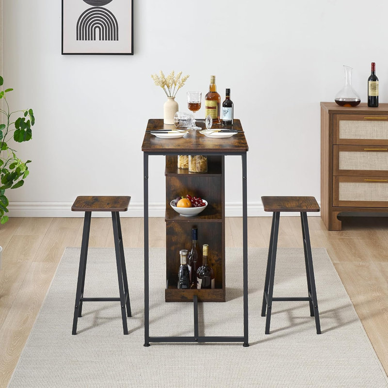 36In Small Dining Table Set, Kitchen Table And Stool Set, 3-Piece Small Dining Table Set With Storage Shelf, Small Dining Table, Space Saving Table For Small Apartment, Black