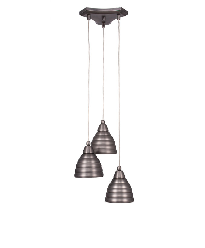 Luminaire suspendu à grappe de cordon 3 lumières Europa au fini nickel brossé avec abat-jour ruche en métal nickel brossé 6 po
